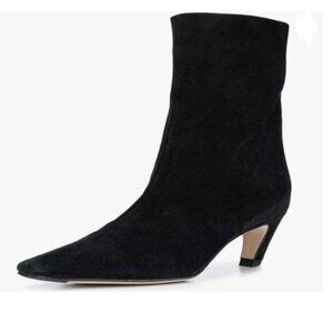 Black Suede Square Toe Comfort Kitten Heel Pull On Ankle Boot Dressy Shoe